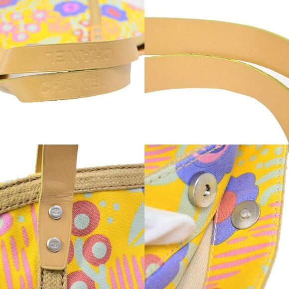 CHANEL CC High Summer Tote Bag Shoulder Canvas Leather Flower Yellow - Picture 9 of 16